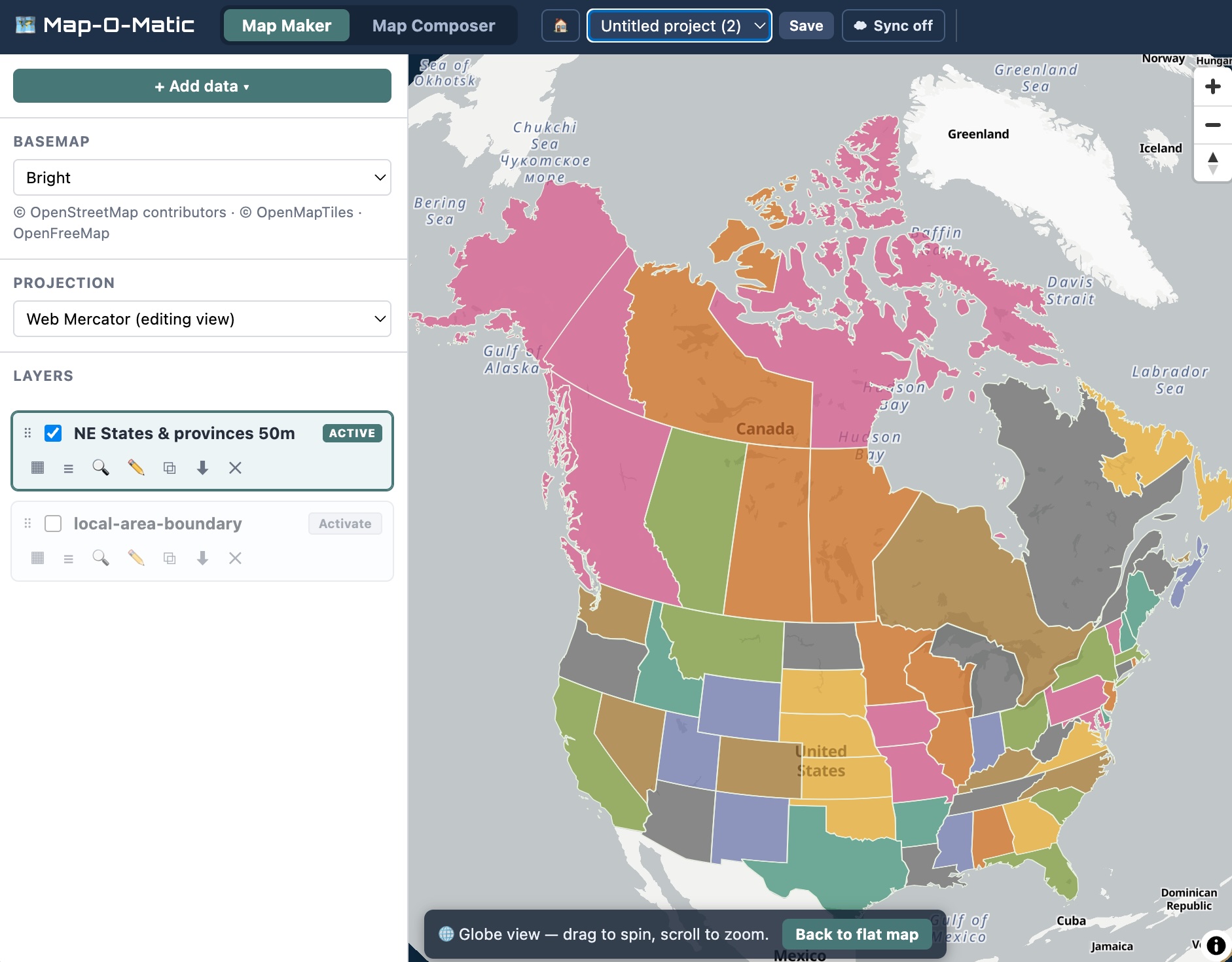 Map-O-Matic — browser-based cartography studio showing a projected map of North America with styled layers