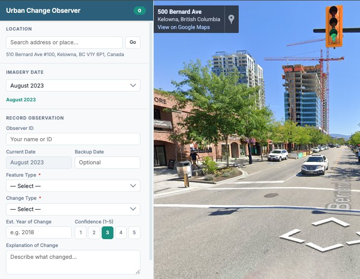 Urban Change Observer — street-level visual audit interface